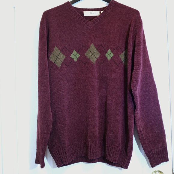 COPY - Vintage Penmans berry Crewneck Pullover Argyle chenille Sweater Mens XL - Picture 1 of 10